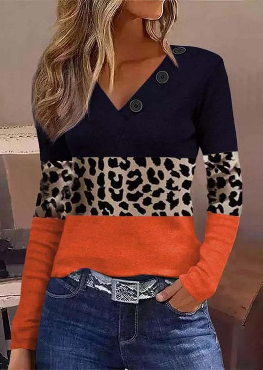 

Color Block Leopard Long Sleeve Blouse, Multicolor, SCM008390