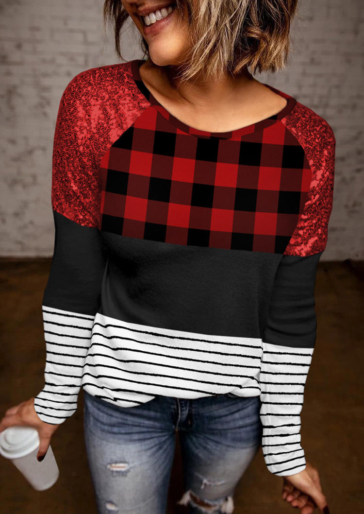 

Plaid Striped Color Block O-Neck Blouse, Multicolor, SCM008391