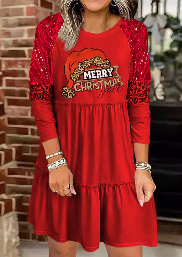 Merry Christmas Yall Leopard Glitter Ruffled Mini Dress - Red, SCM008439