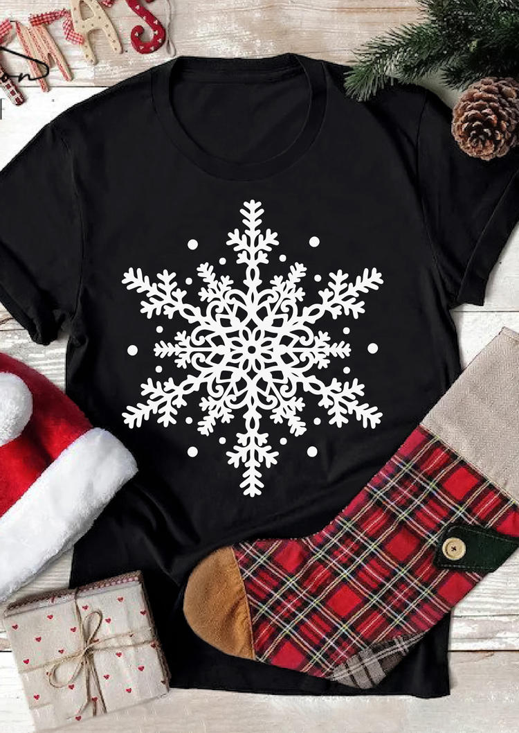 

Christmas Snowflake O-Neck T-Shirt Tee - Black, SCM008451