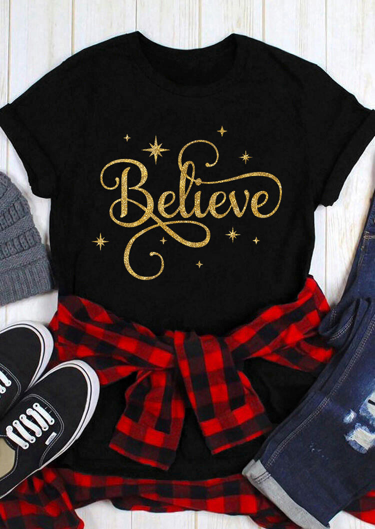 

Believe Star O-Neck T-Shirt Tee - Black, SCM008528