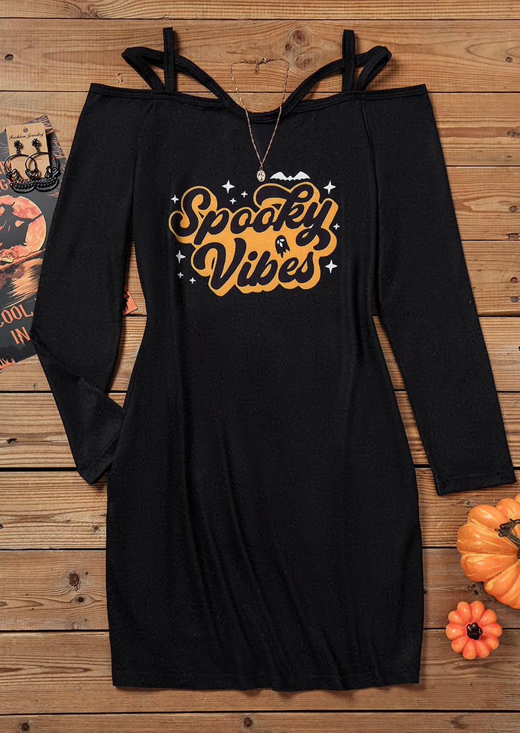 Halloween Spooky Vibes Pocket Criss-Cross Mini Dress - Black