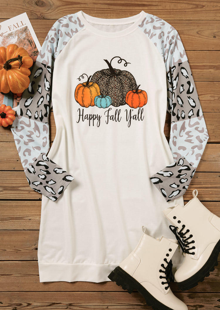 Happy Fall Y'all Leopard Pumpkin Sweatshirt Mini Dress - White