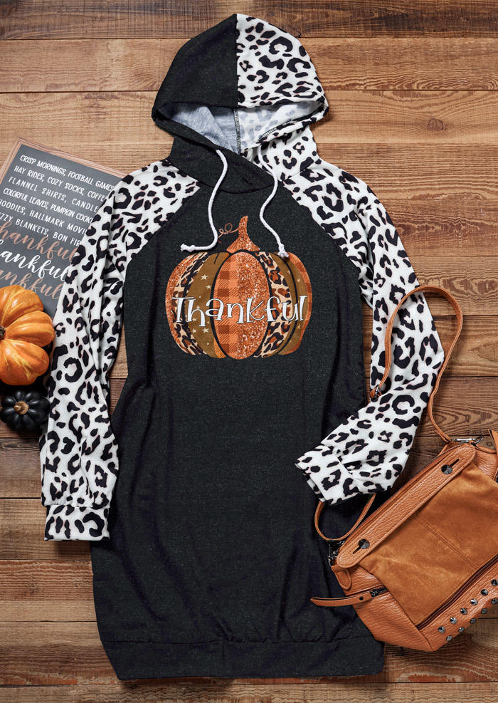 Thankful Pumpkin Leopard Hooded Mini Dress - Black