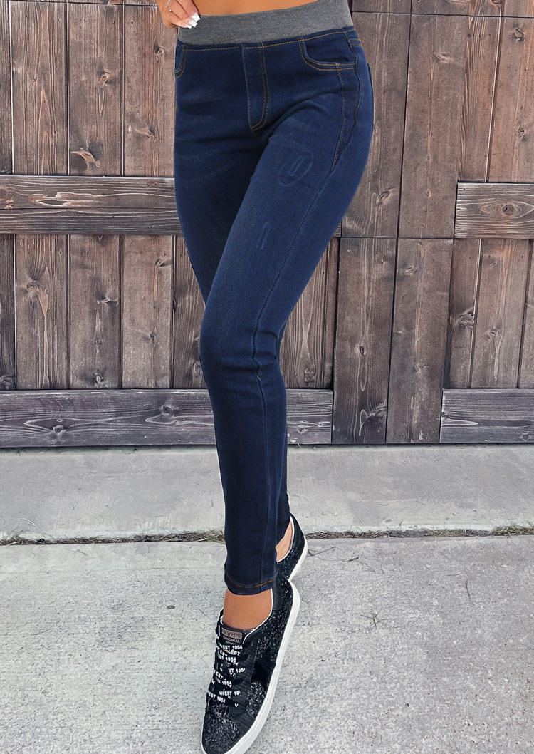 

Pocket Elastic Waist Skinny Denim Pants - Blue, SCM007432