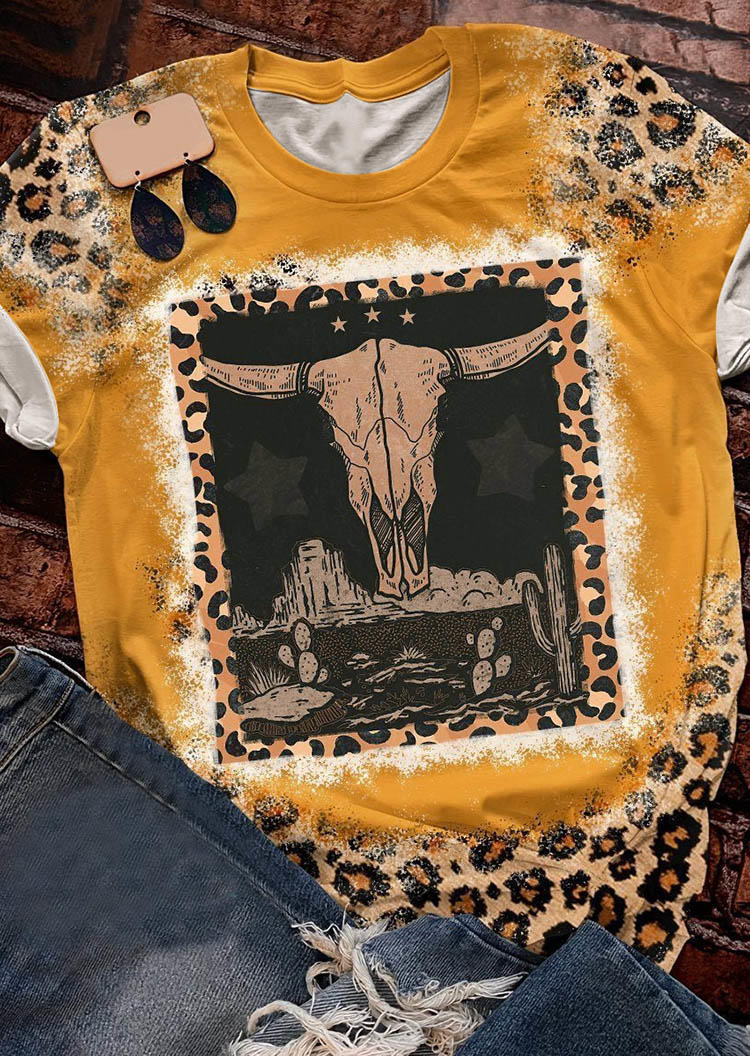 

Leopard Steer Skull Cactus Bleached T-Shirt Tee - Yellow, SCM007780