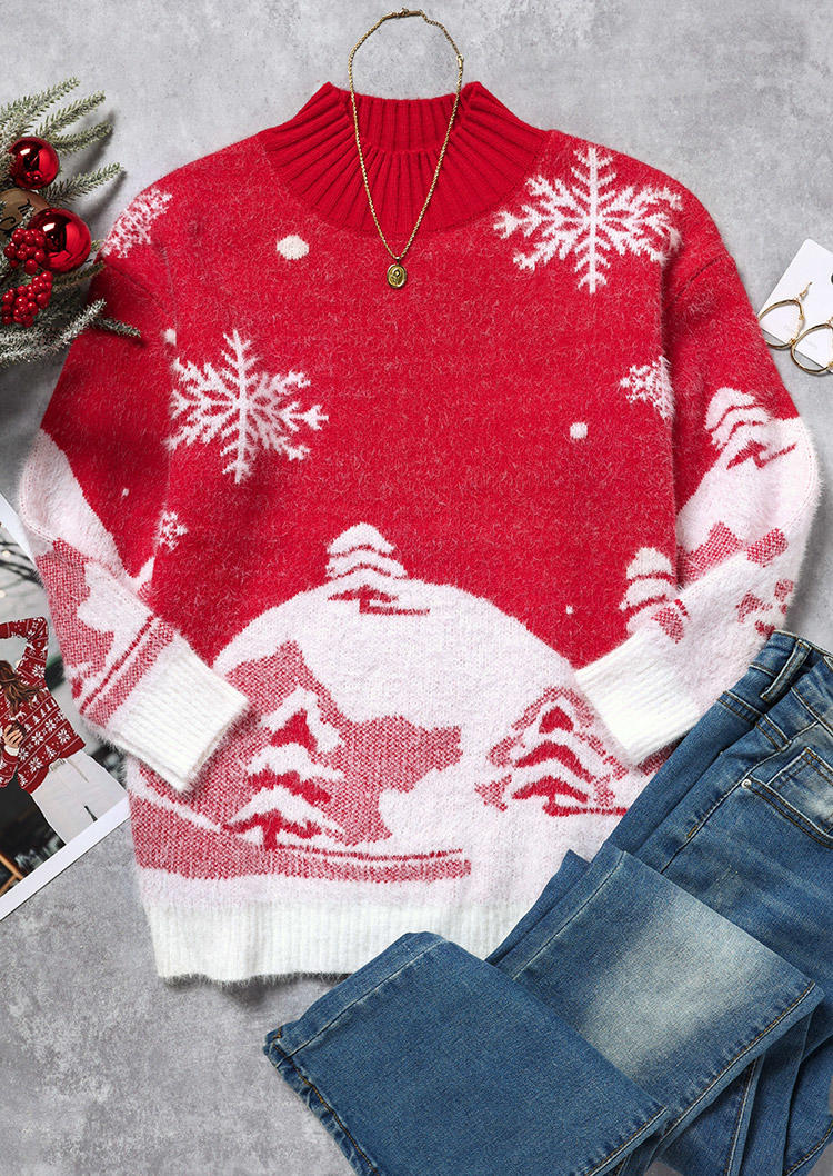 Christmas Tree Snowflake Turtleneck Sweater - Red