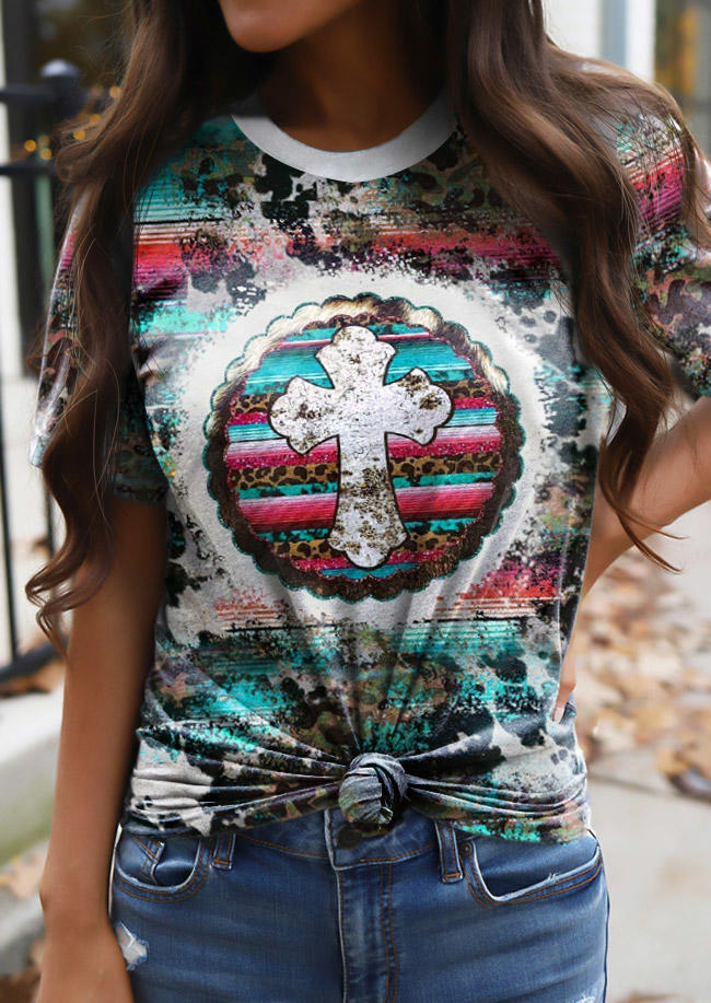 

Leopard Serape Striped Cross O-Neck T-Shirt Tee, Multicolor, SCM007974
