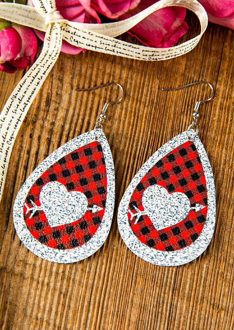 Plaid Heart Arrow PU Leather Earrings