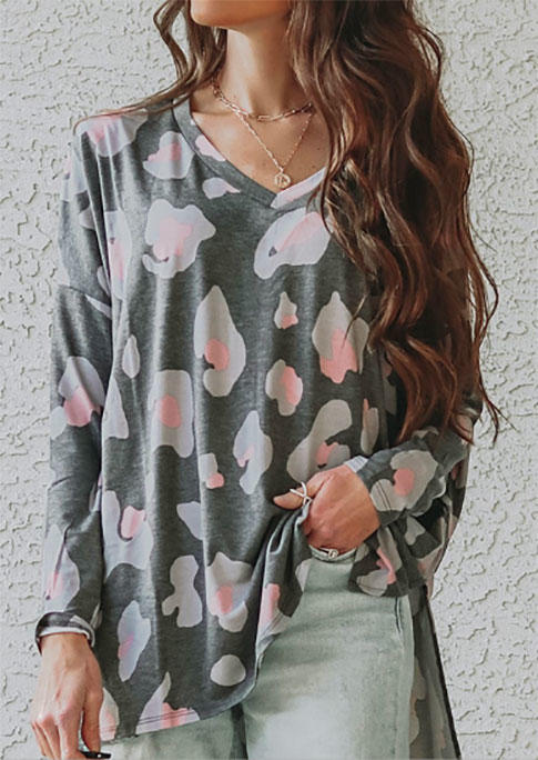 

Leopard Drop Shoulder V-Neck Blouse - Gray, SCM008065