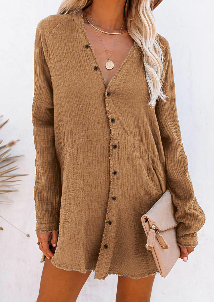 Button Pocket Raglan Sleeve Mini Dress - Brown