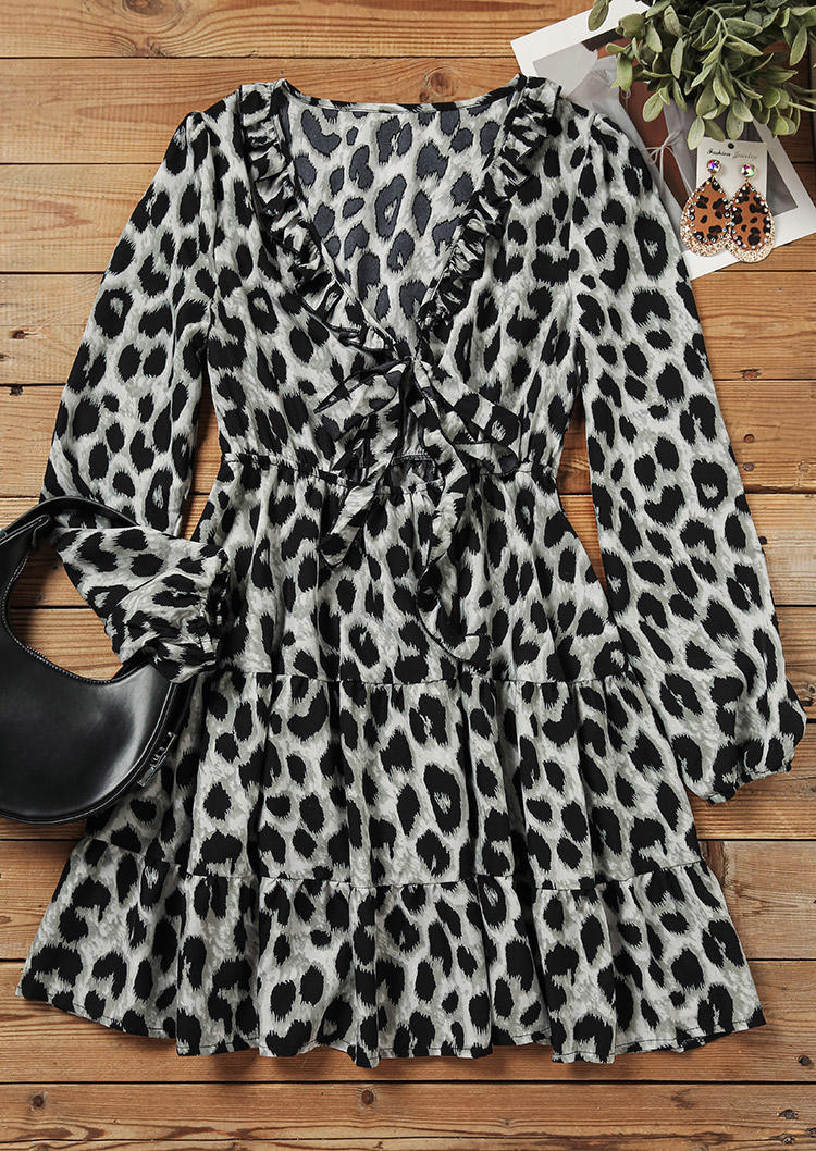 Leopard Ruffled Tie V-Neck Mini Dress