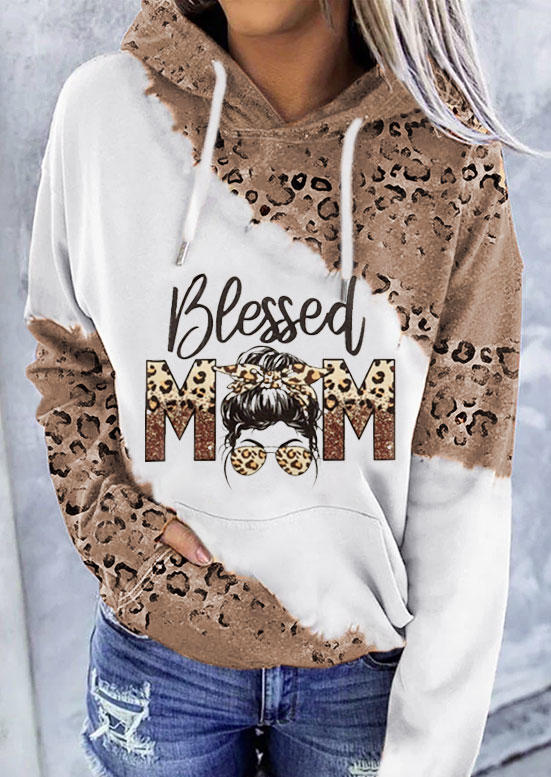 

Blessed Mom Leopard Kangaroo Pocket Hoodie - White, SCM008193