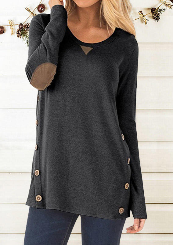 

Button Long Sleeve Elbow Patch O-Neck Blouse, Gray, SCM008211