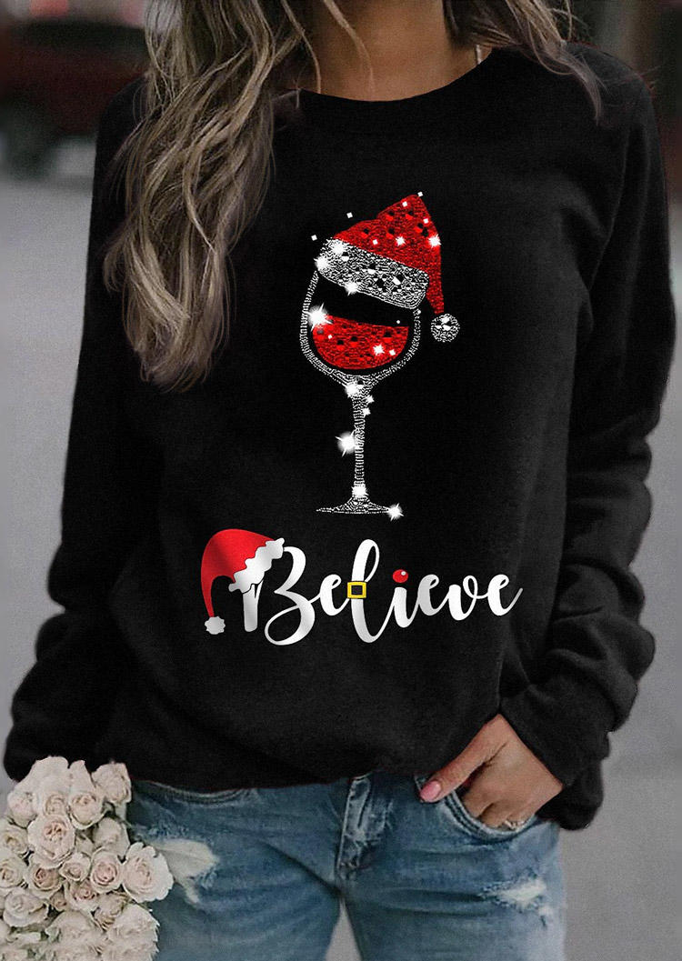 

Believe Christmas Hat Wine Glass Pullover Sweatshirt - Black, SCM008240