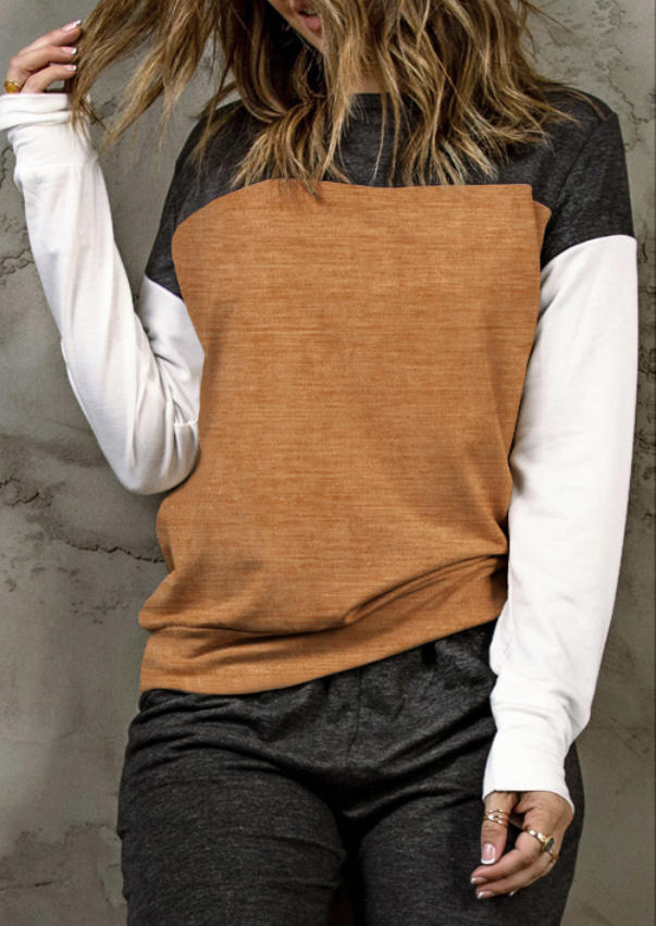 

Color Block Long Sleeve O-Neck Blouse, Multicolor, SCM008298
