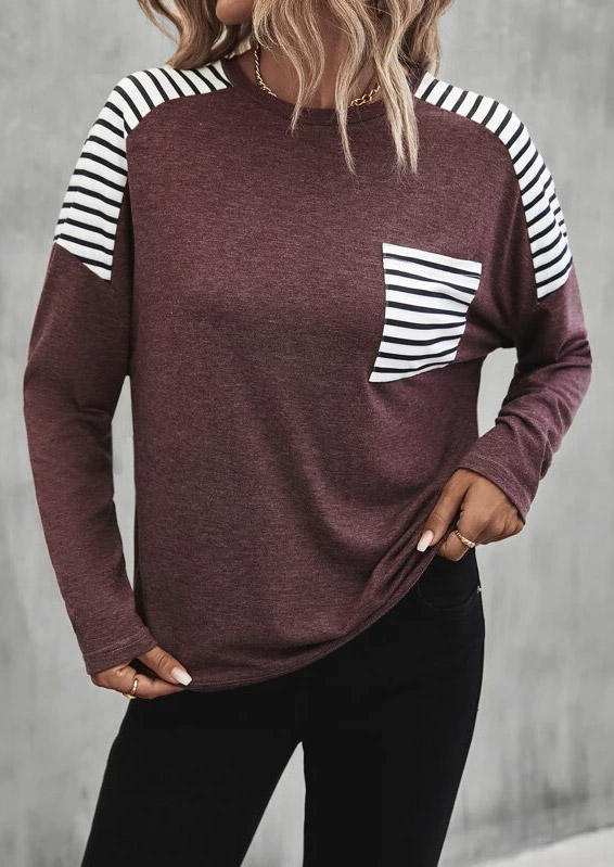 

Striped Splicing Pocket Long Sleeve Blouse, Multicolor, SCM008309