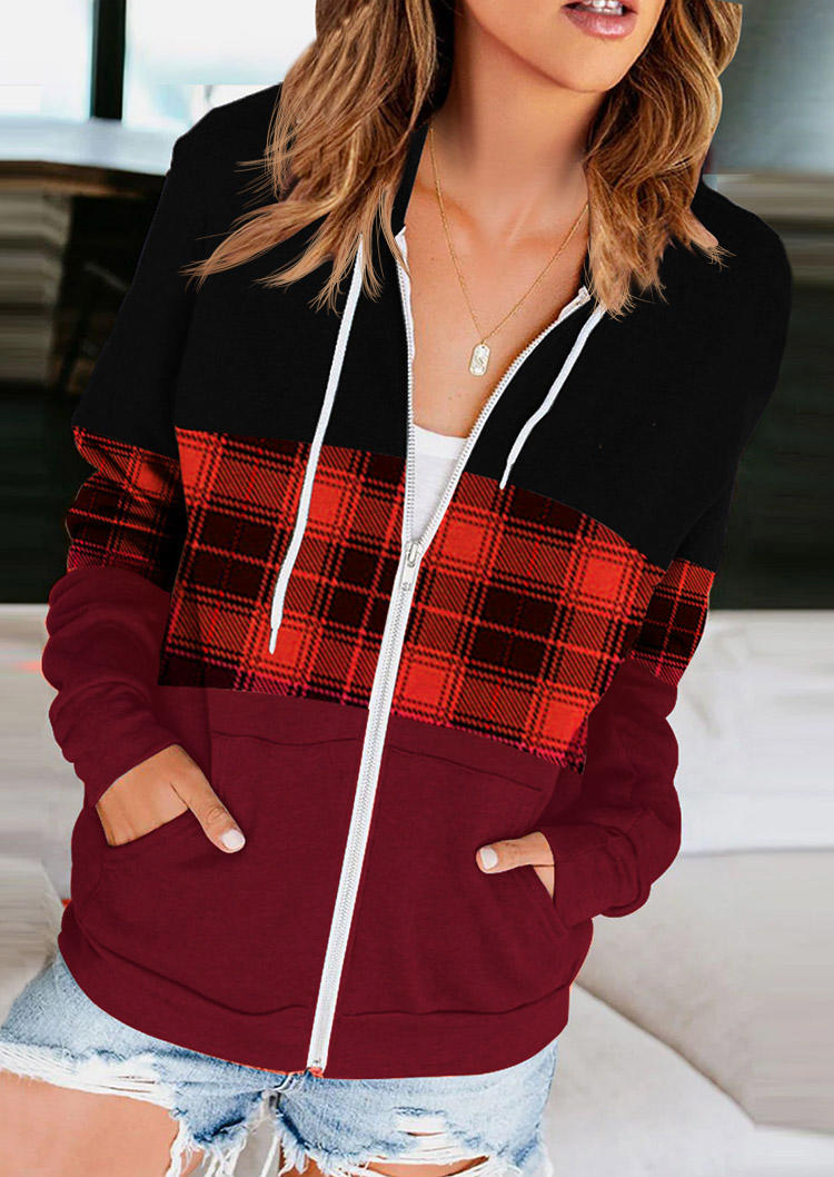 

Buffalo Plaid Color Block Pocket Zipper Hooded Coat - Red, SCM008311