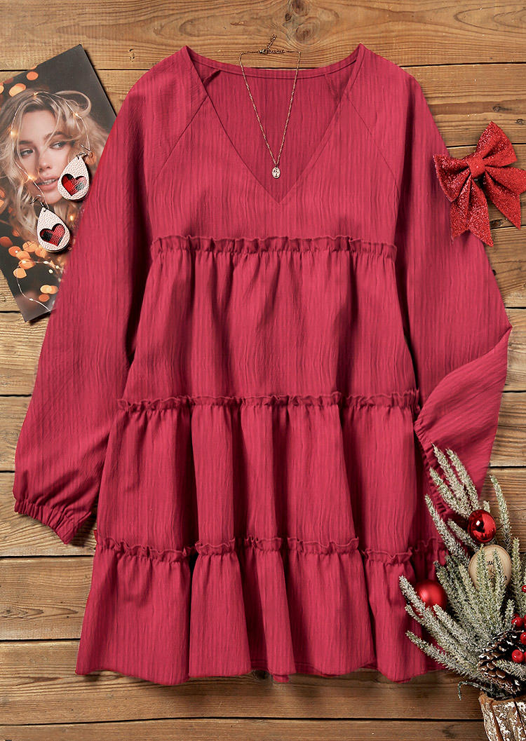 Ruffled Long Sleeve V-Neck Mini Dress - Red