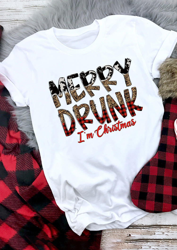 

Merry Drunk I'm Christmas Leopard Plaid Cow T-Shirt Tee - White, SCM008452