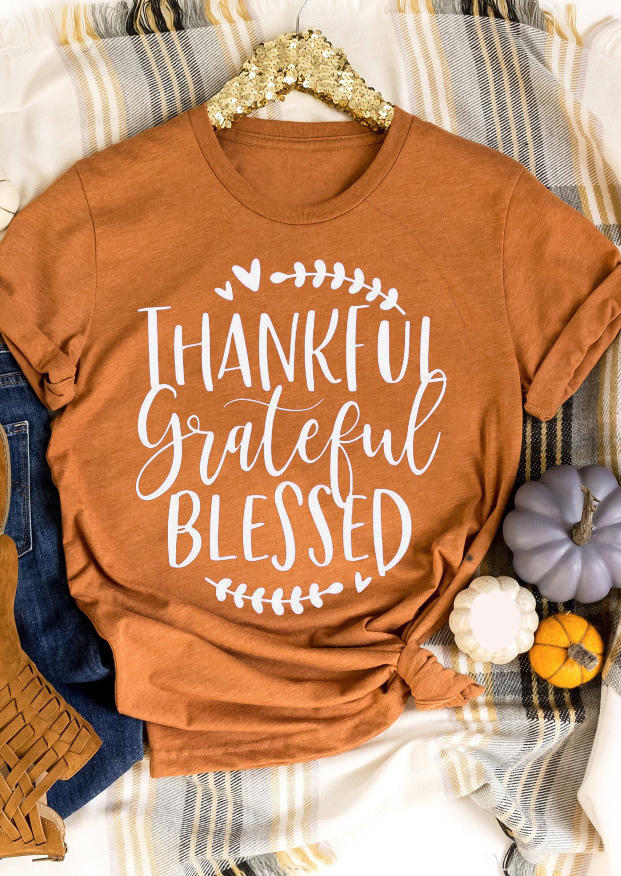 

Thankful Grateful Blessed Heart O-Neck T-Shirt Tee - Orange, SCM008461
