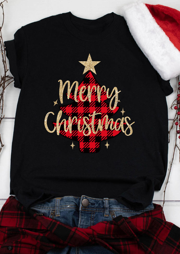 

Merry Christmas Buffalo Plaid Tree Star T-Shirt Tee - Black, SCM008596
