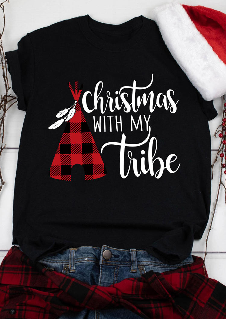 

Christmas With My Tribe Plaid T-Shirt Tee - Black, SCM008598