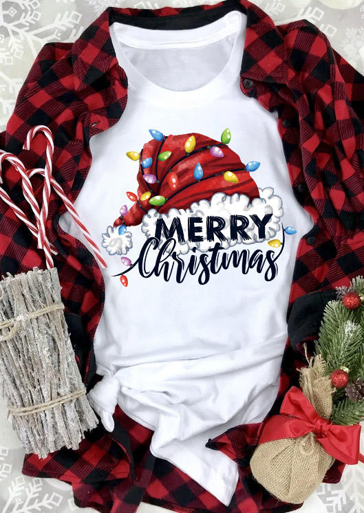 

Merry Christmas Hat Lantern O-Neck T-Shirt Tee - White, SCM008621