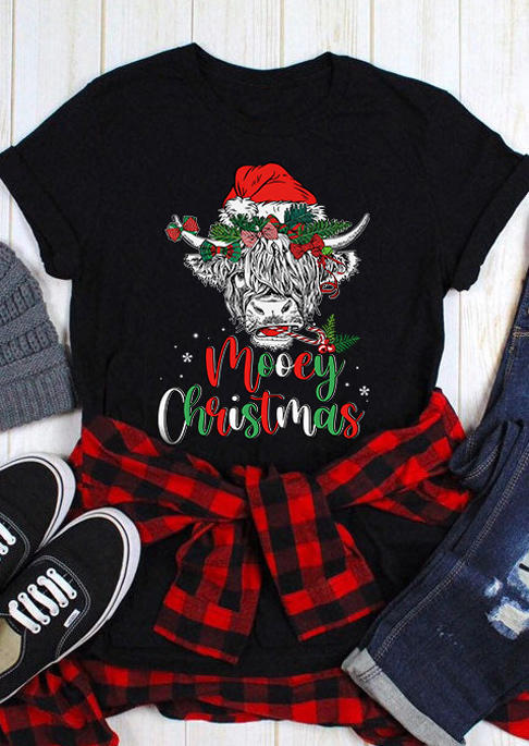 

Mooey Christmas Highland Cattle Mistletoe T-Shirt Tee - Black, SCM008634
