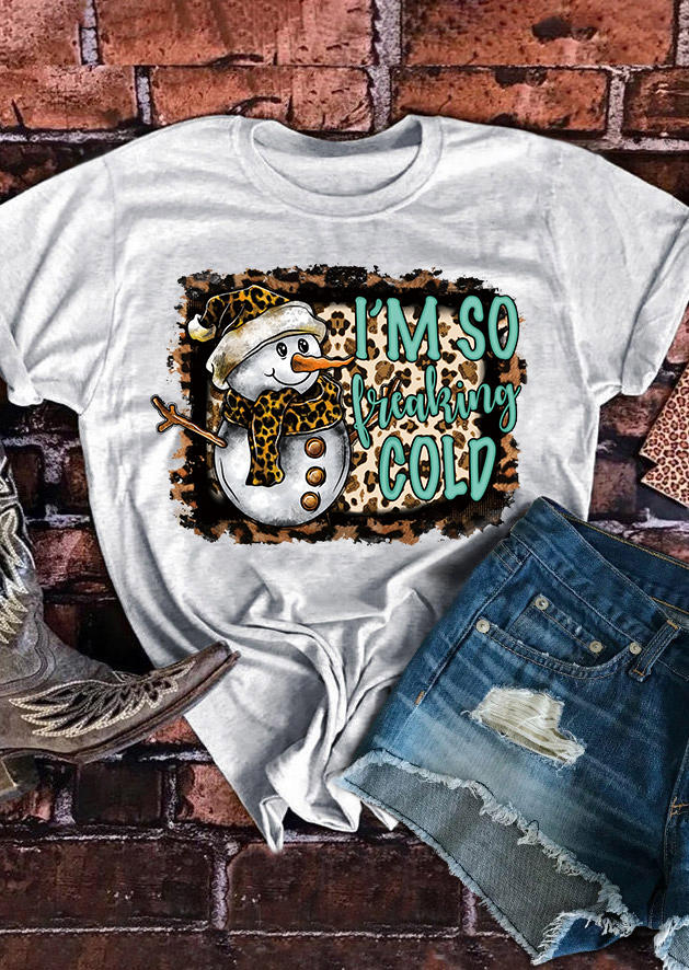 

Christmas Snowman I' So Freaking Cold Leopard T-Shirt Tee - Light Grey, Gray, SCM008704