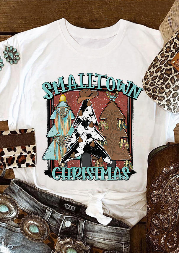 

Small-Town Christmas Cow O-Neck T-Shirt Tee - White, SCM008705