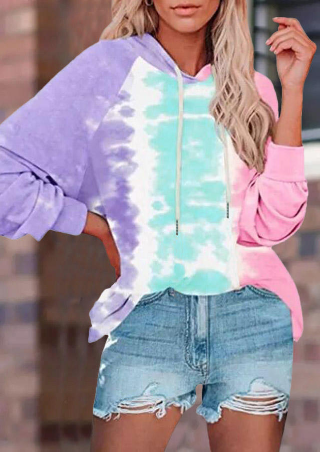 

Tie Dye Color Block Raglan Sleeve Drawstring Hoodie, Multicolor, SCM007805