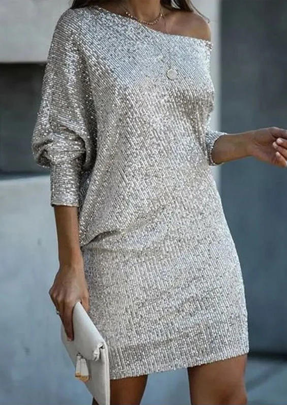 

Sequined Batwing Sleeve O-Neck Mini Dress - Silver, SCM007928