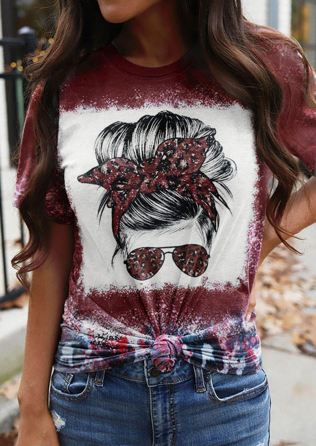 Leopard Glasses Bleached T-Shirt Tee - Red