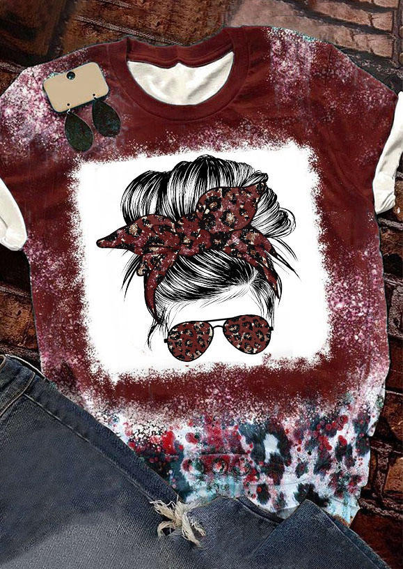 

Leopard Glasses Bleached T-Shirt Tee - Red, SCM007935