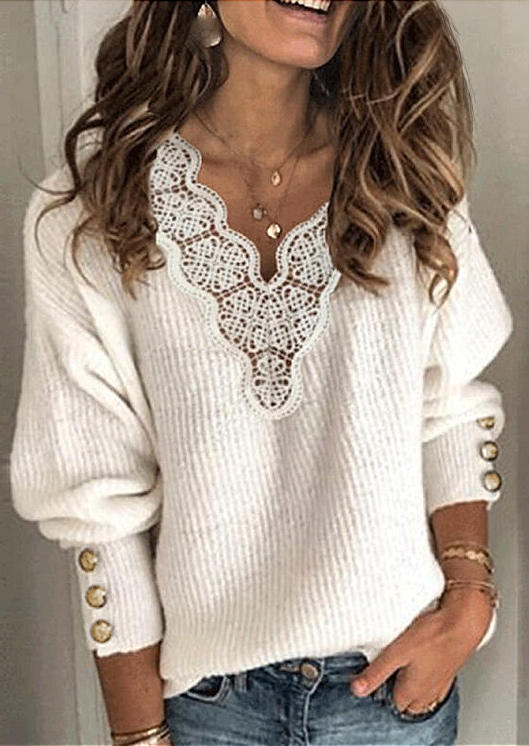 

Lace Splicing Button Sweater - White, SCM007961