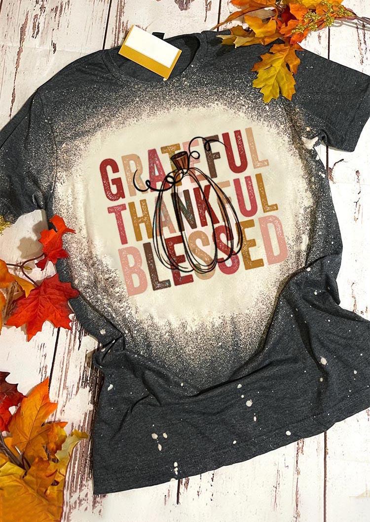 

Grateful Thankful Blessed Pumpkin T-Shirt Tee - Dark Grey, Gray, SCM008019