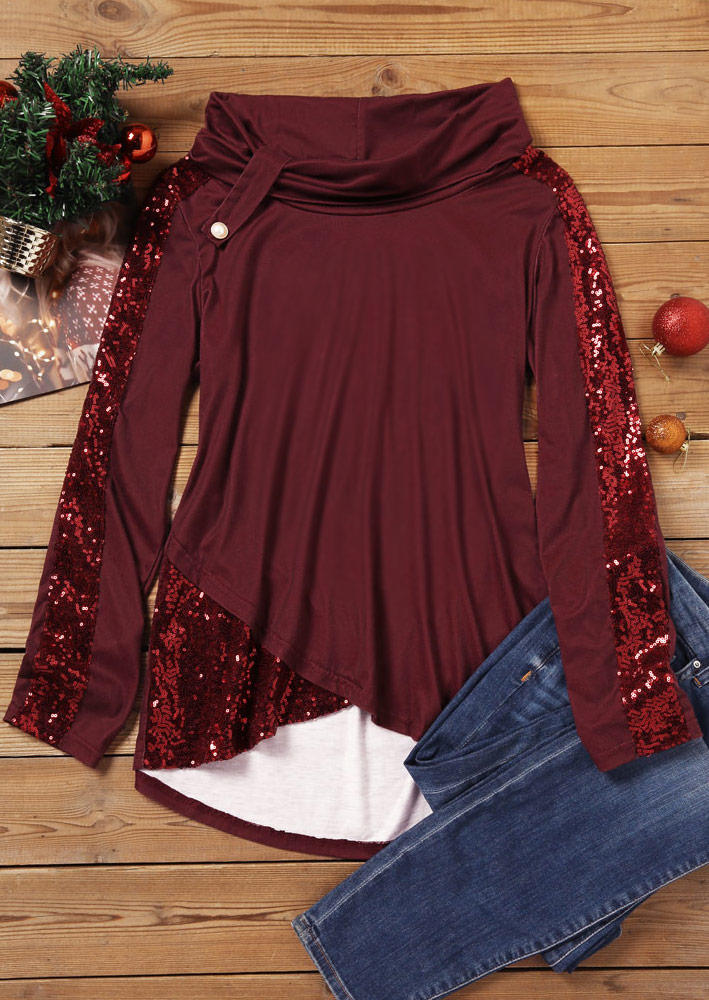 Sequined Button Long Sleeve Turtleneck Blouse - Burgundy