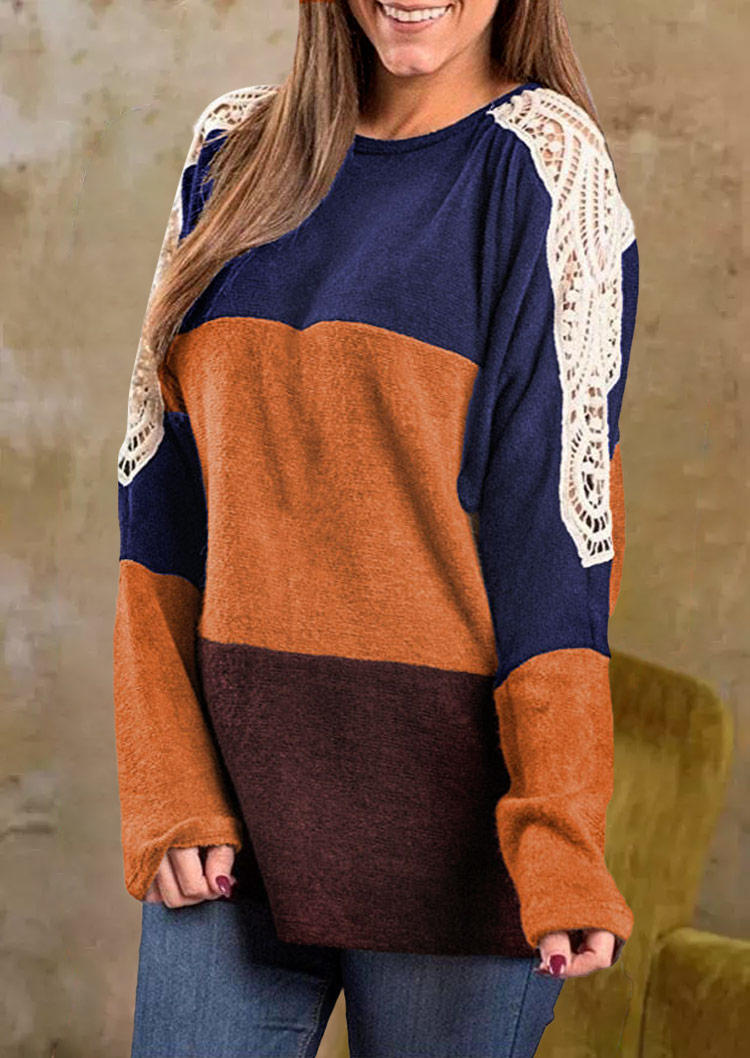 

Color Block Lace Splicing O-Neck Blouse, Multicolor, SCM008137