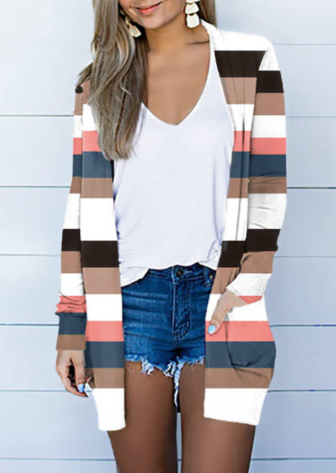 

Color Block Striped Pocket Long Sleeve Open Front Cardigan, Multicolor, SCM008143