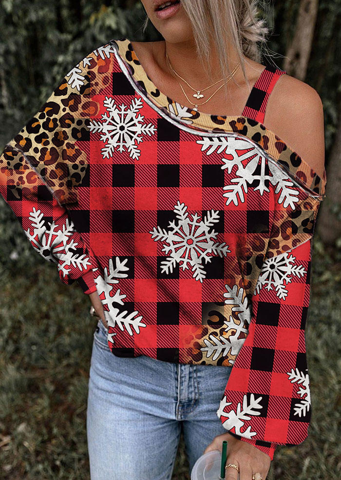 

Christmas Snowflake Leopard Plaid Blouse, Multicolor, SCM008150