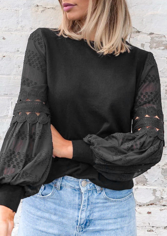 

Lace Mesh Splicing Jacquard Hollow Out Lantern Sleeve Blouse - Black, SCM008214