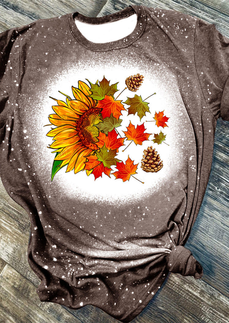 

Maple Leaf Sunflower Bleached T-Shirt Tee - Gray, SCM008244