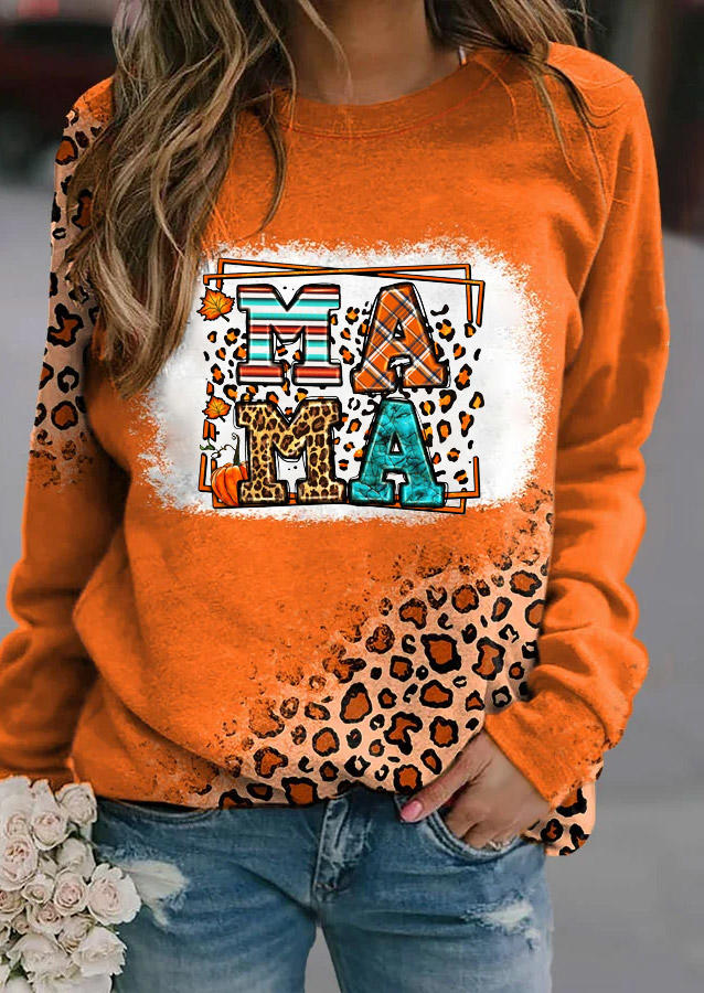 

Mama Leopard Plaid Serape Striped Bleached Pullover Sweatshirt - Orange, SCM008246