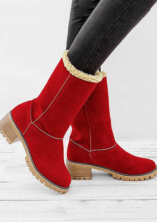 Winter Fur Warm Mid-Calf Snow Boots - Red