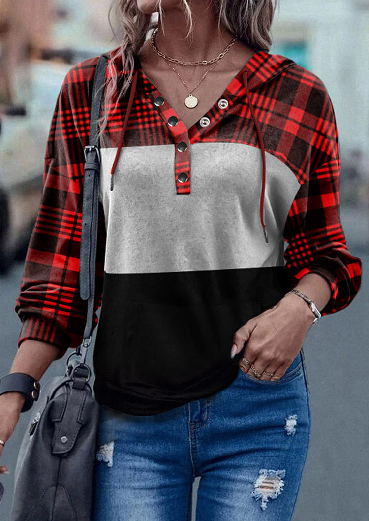 

Buffalo Plaid Color Block Drawstring Hoodie, Multicolor, SCM008308