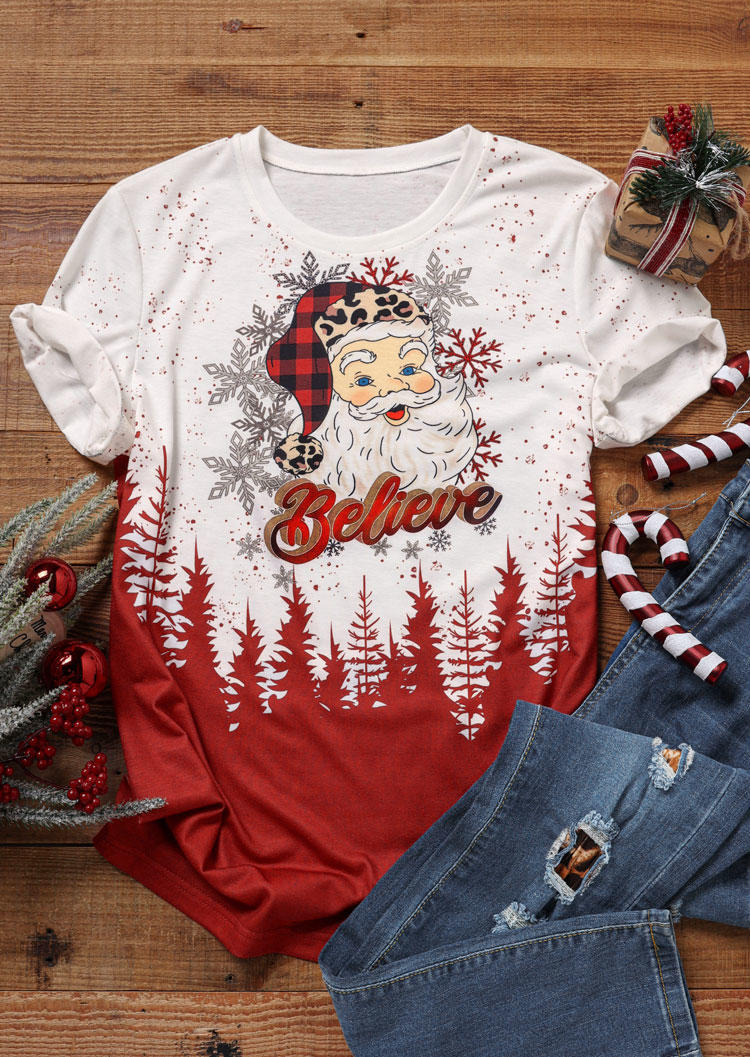 

Christmas Believe Santa Claus Snowflake T-Shirt Tee - White, SCM008318