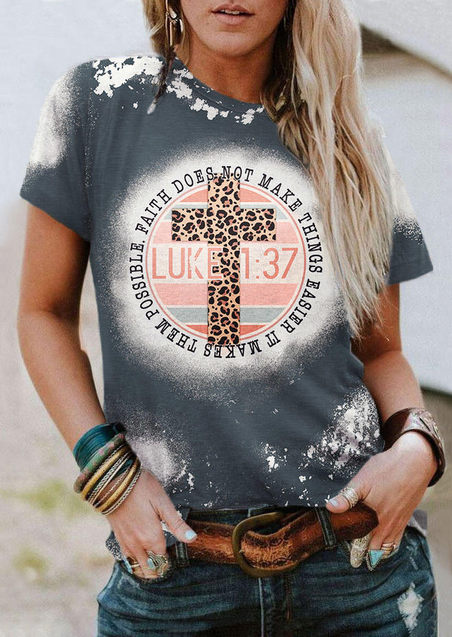 

Faith Does Not Make Things Easier It Makes Them Possible Cross Leopard T-Shirt Tee - Gray, SCM008320