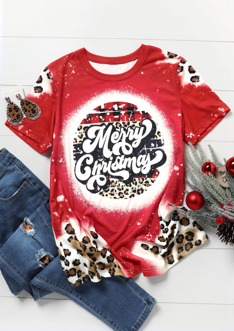 Merry Christmas Leopard Plaid Bleached T-Shirt Tee - Red