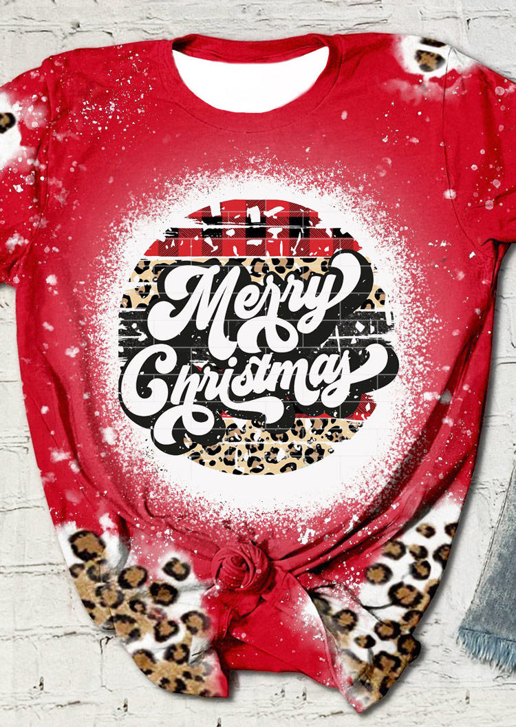 

Merry Christmas Leopard Plaid Bleached T-Shirt Tee - Red, SCM008332